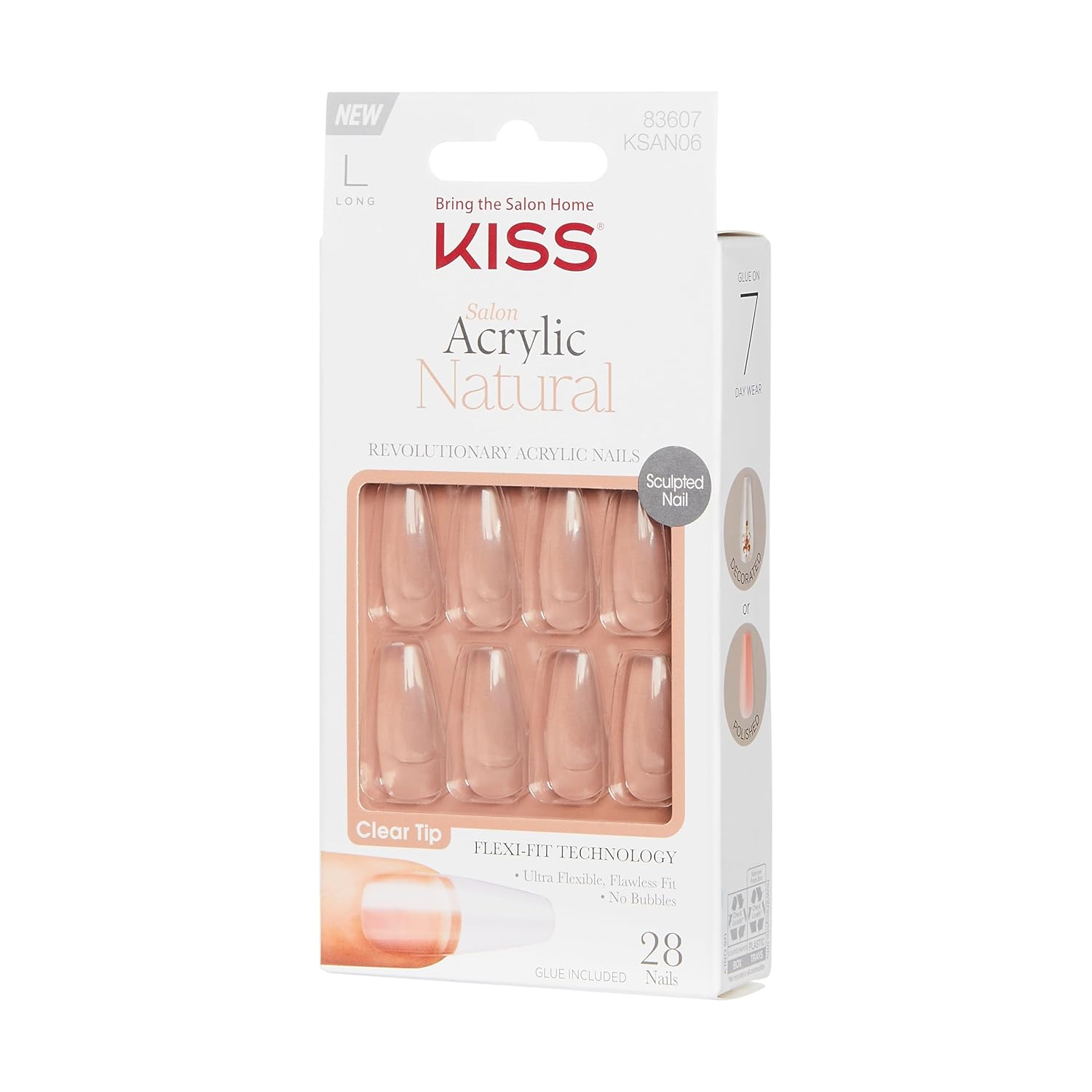 KISS Salon Acrylic Natural Nails, Clear Tip, Long, Ultra-Smooth Finish, DIY At-Home Manicure Kit with Pink Gel Nail Glue, Mini File, Manicure Stick, and 28 Nails in 14 sizes - Image 2