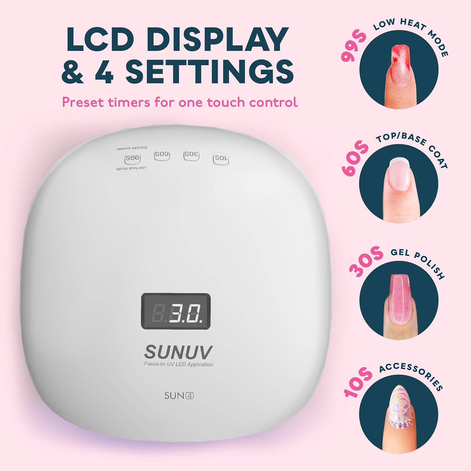 SUNUV 48W UV LED Nail Lamp, UV Light for Nails Compatible with All Gel Polish, 36 LEDS with 4 Timer Settings, LCD Display for Home Salon SUN4 Black - Image 3