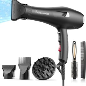 Professional Ionic Hair Dryer AC Motor Fast Drying Salon Blow Dryer with Diffuser, Comb, Nozzle, Concentrator, for Curly and Straight Hair, 2 Speed & 3 Heat Setting, Cool Button, Black
