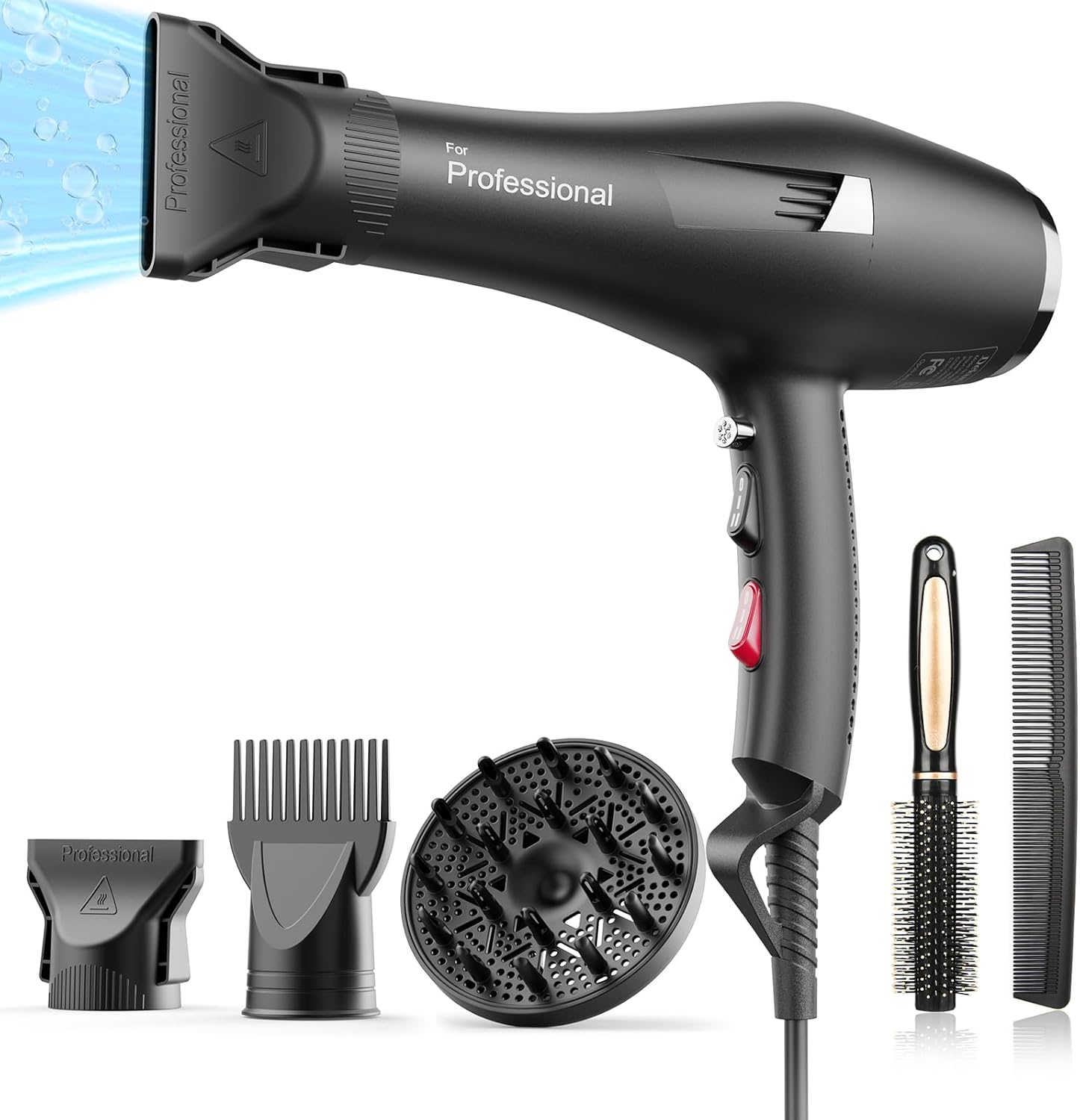 Professional Ionic Hair Dryer AC Motor Fast Drying Salon Blow Dryer with Diffuser, Comb, Nozzle, Concentrator, for Curly and Straight Hair, 2 Speed & 3 Heat Setting, Cool Button, Black