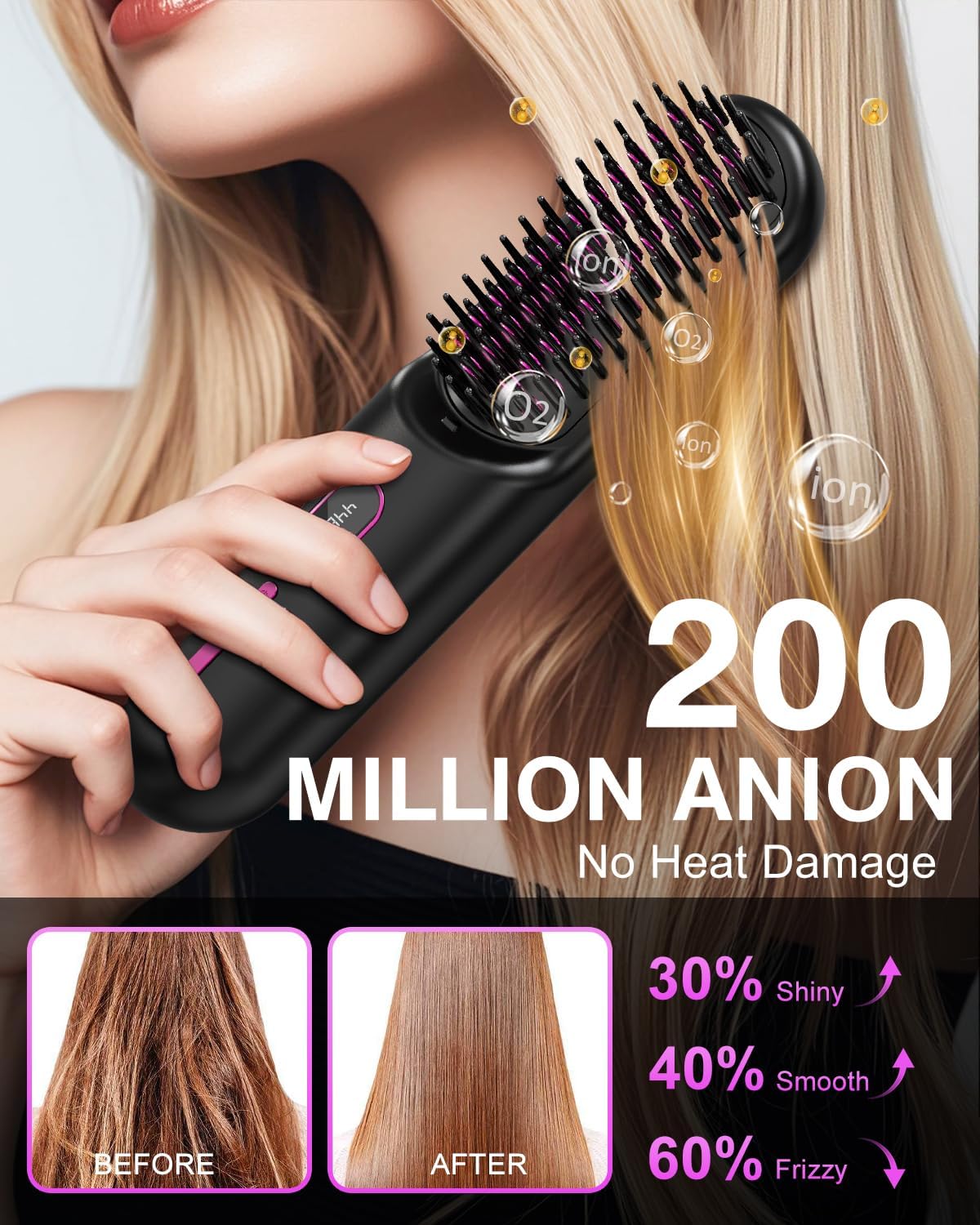 Cordless Hair Straightener Brush with 200 Million Anion, - Image 2