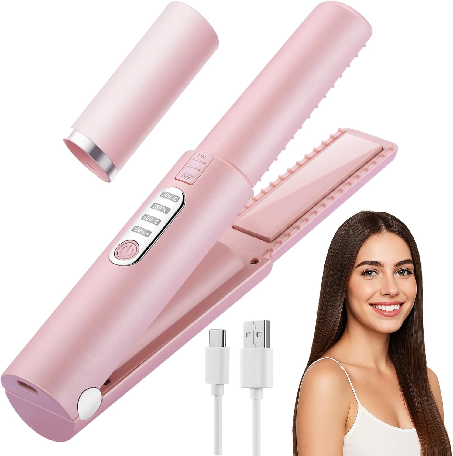 Cordless Hair Straightener-JMFONE Travel Flat Iron,USB-C Rechargeable Mini Hair Straightener for Thin Hair, Bangs & Edges-3 Temp Settings,Dual Voltage,50 Min Use
