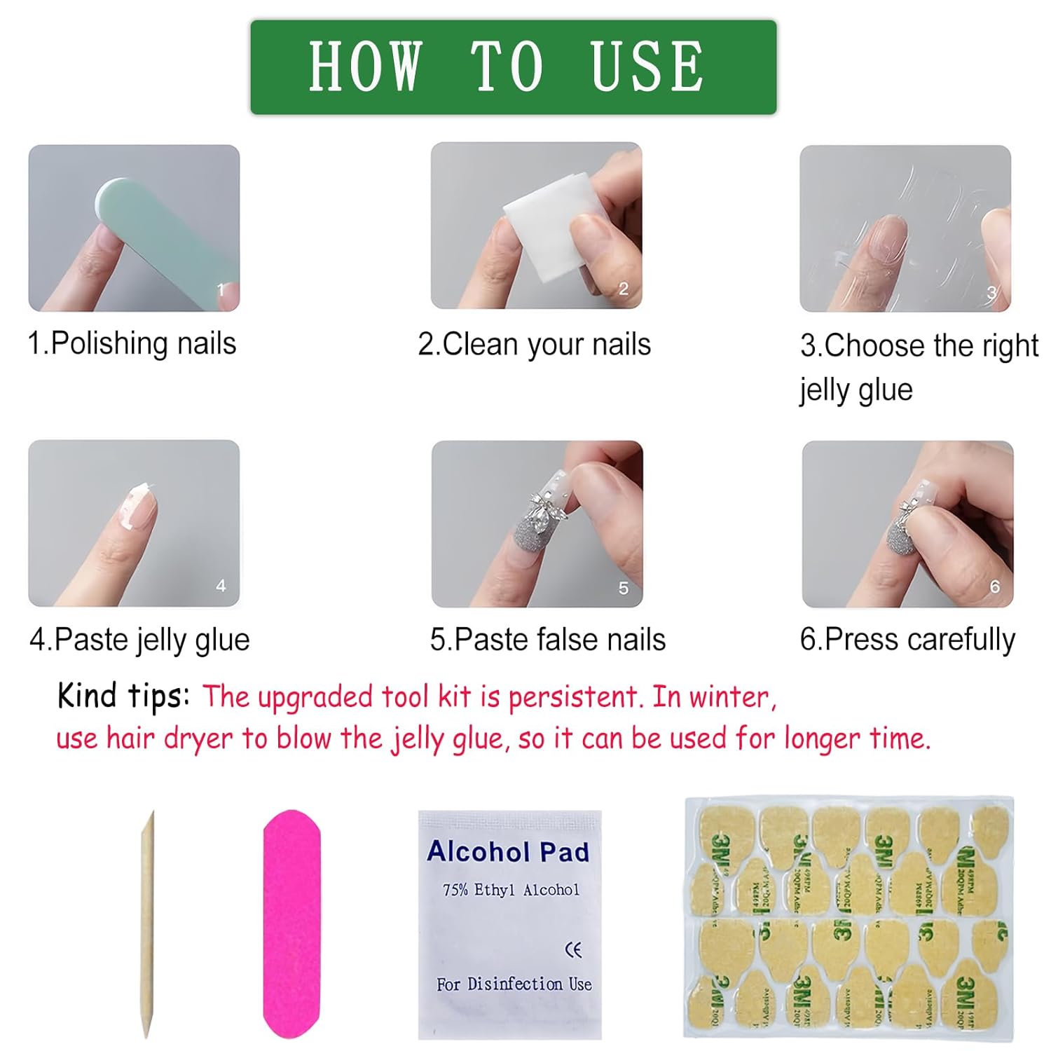 24 Piece Medium White French Tip Rhinestone Snowflake Acrylic Press On Nails for Women Girls - Image 4