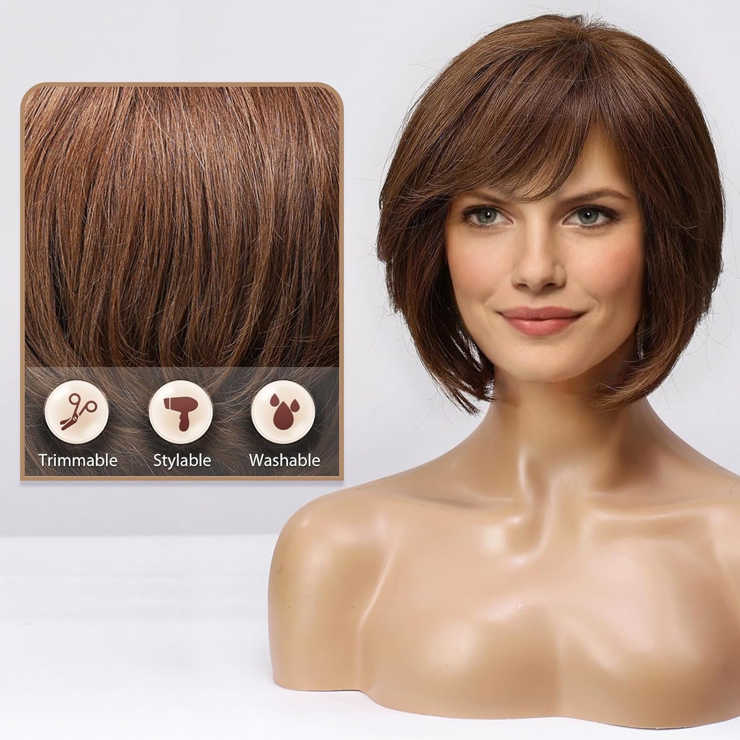 HAIRCUBE Short Brown Wig for Women Hand-Tied Lace Front Human Hair Wig Layered Bob Wig with Bangs Natural Wig for Daily Use - Image 3