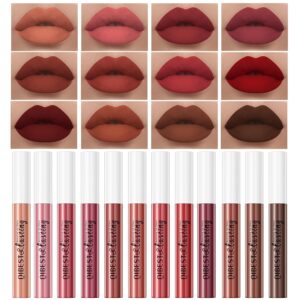 QiBest 12Pcs Velvet Matte Liquid Lipstick Makeup Sets for Women & Teens Gift, Waterproof Long Wear 24 Hours Nudes Burgundy Red Brown Lip Stain Kits, Non-Stick Cup Mate 24 Horas Lip Gloss Holiday Set