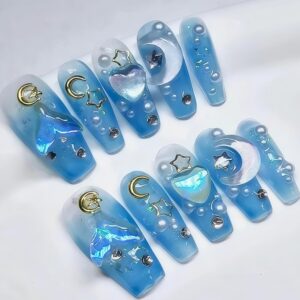 3D Handmade Press On Nails – Medium Coffin Blue Acrylic Nails with 3D Flowers, Rhinestones & Charms – Hand Painted Reusable Nail Art for Women & Girls (10PCS)