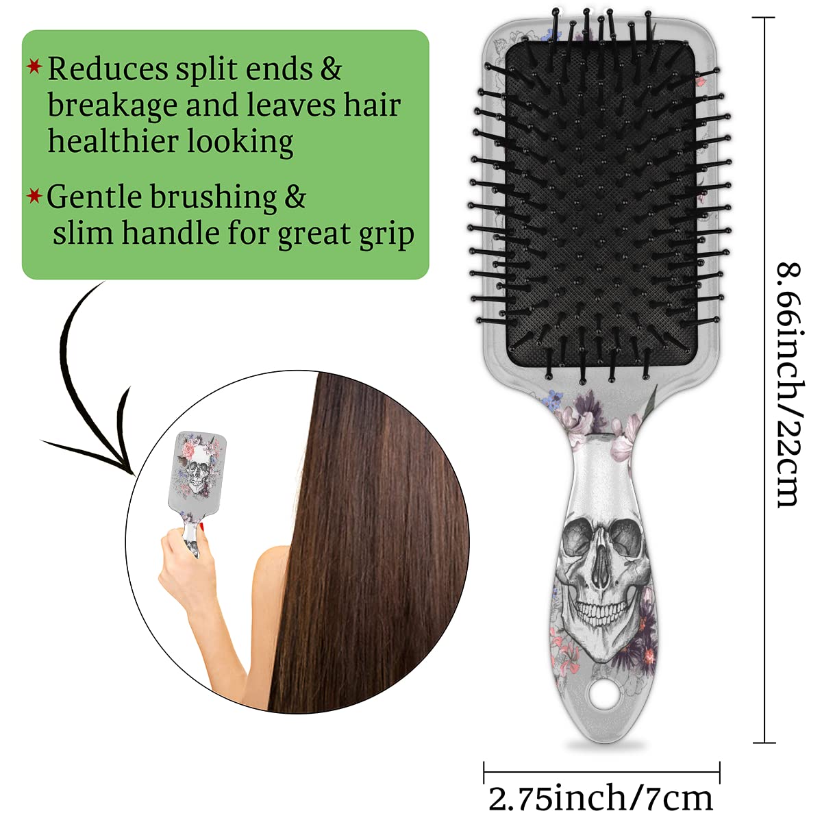 Flower Skull Hair Brush, Day of the Dead Sugar Skull Wet Dry Air Cushion Hair Brush Plastic Detangler Hair Brush for Kids Adults Back To School Gift Women Men - Image 4