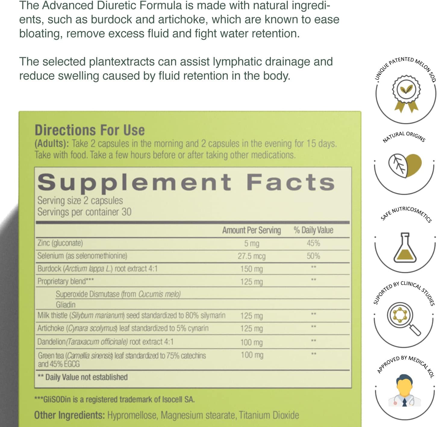 Glisodin Diuretic - Nutraceutical enhances Natural Drainage to Reduce The Swelling associated with Fluid Retention - Has Purification Properties That Assist in eliminating toxins - 60 Capsules - Image 4