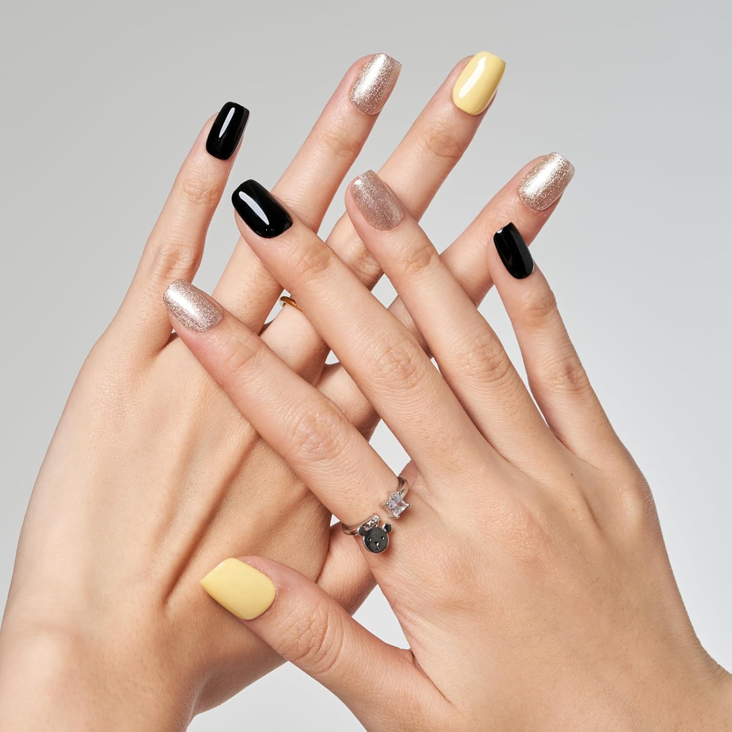 GLAMERMAID Press on Nails Extra Short Square, Fall Glitter Yellow and Black Gel Glue on Nails, Glossy Fake Nails Reusable Acrylic False Nails Manicure Kits for Women - Image 4