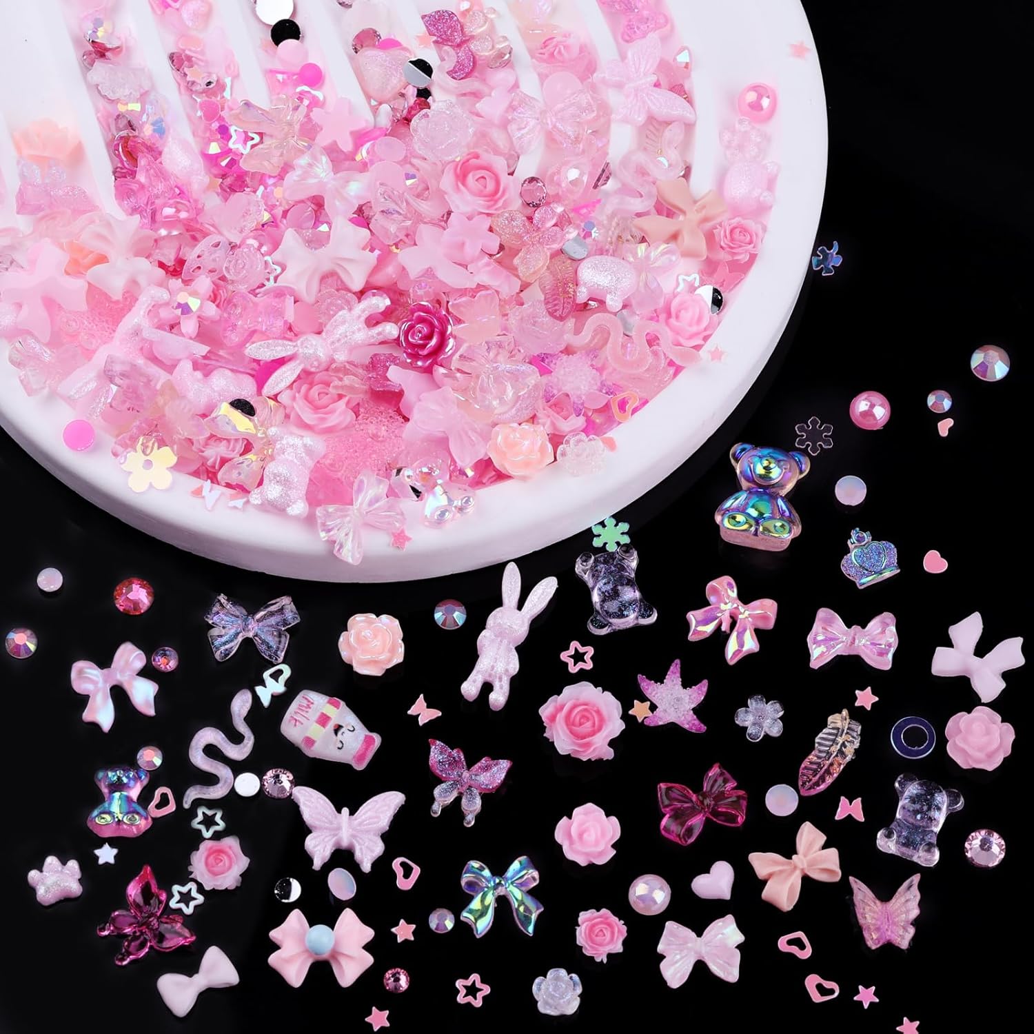 300pcs Nail Art Charms Kit,Over 100pcs Mixshape Resin Nail Gems and 100 pcs Mixed Flatback Nail Rhinestones Pearls with Over 100pcs Nail Sequins for Nail Art Accessories (Pink) - Image 4