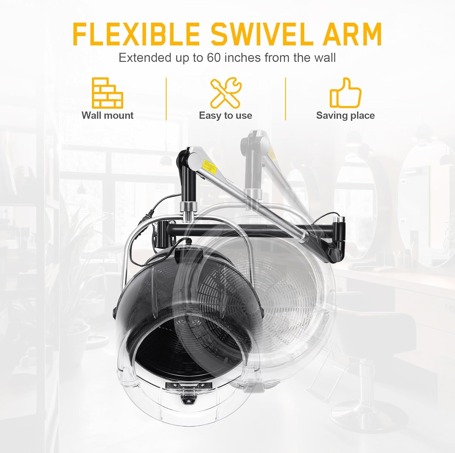 Professional 900W Wall Mounted Hair Dryer with Swivel Arm, Fast Hair Drying Low Noise for Salon, Adjustable Termperature 5-70°C Timer 0-60 Min Hairdryers Black - Image 4