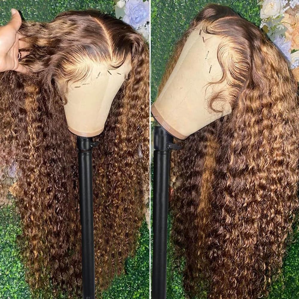 Honey Blonde Curly Wig Human Hair 13x4 HD Highlight Ombre Deep Wave Lace Front Wigs Human Hair Pre Plucked 180% Density 4/27 Glueless Colored Wigs for Women Wet and Wavy Lace Front Wigs 26 Inch