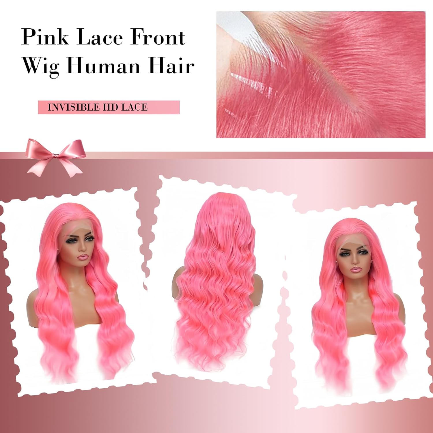 Pink Lace Front Wig Human Hair 13x4 Body Wave 200 Density HD Lace Front Wigs Human Hair Pre Plucked with Baby Hair Pink Colored Lace Frontal Glueless Wigs for Women 20 Inch - Image 4
