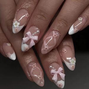 Medium Almond Press on Nails White French Tips Pink Fake Nails with 3D Flower Bow Charms Acrylic Nails Press ons Cute Design Glue on False Nails Reusable Stick on Nails 24pcs