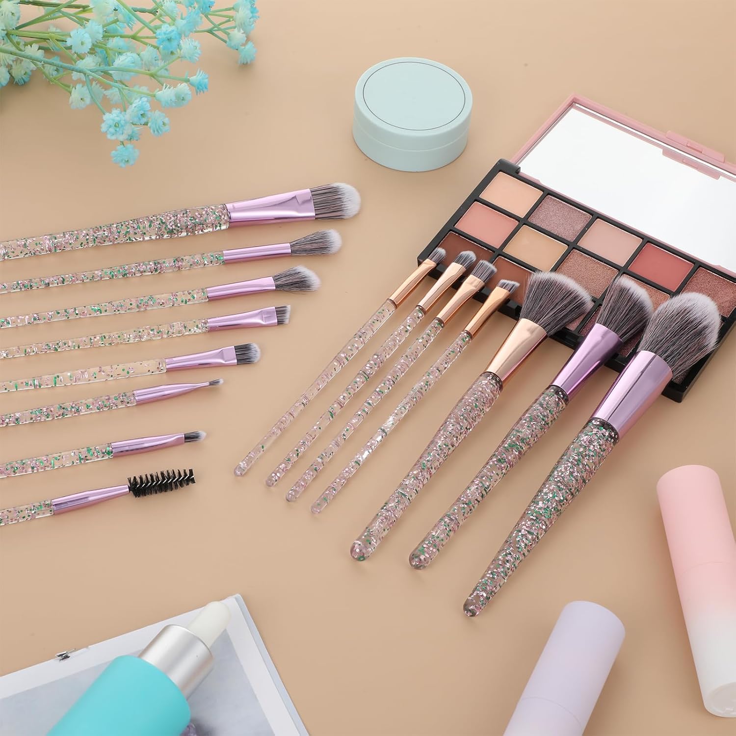15Pcs Grey Makeup Brushes Set, Glitter Crystal Cute Makeup Brush Eye Shadow Brushes Kit Professional Face Foundation Concealer Liquid Make up Beauty Eyeliner Lip Cosmetic Brush Set for Women - Image 5