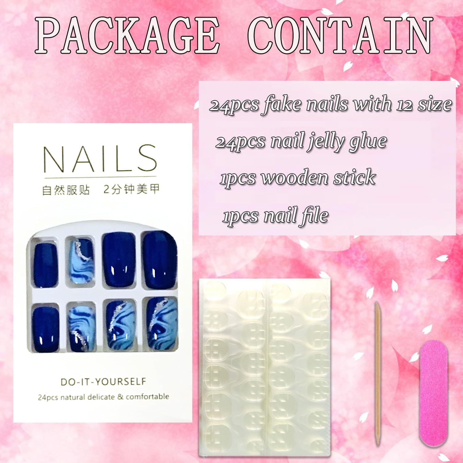 Press on Nails Square Medium Length Glossy Full Cover Acrylic Blue False Nails with Marble Designs Artificial Short Coffin Fake Nails Glue ons Nails Stick on Fingernails for Women Girls - Image 4