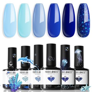 modelones Blue Gel Nail Polish Set 6 Colors, Royal Blue Sky Blue Glitter Navy Blue Nail Gel Polish Kit Light to Dark Shades Soak Off Pastel Spring Nail Art Gel Salon DIY Manicure Gift for Women Girl