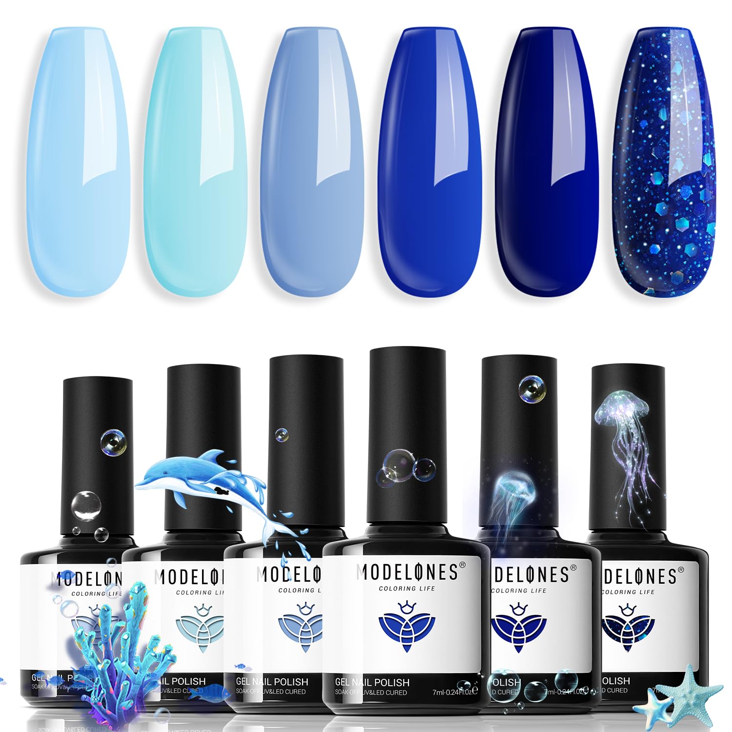 modelones Blue Gel Nail Polish Set 6 Colors, Royal Blue Sky Blue Glitter Navy Blue Nail Gel Polish Kit Light to Dark Shades Soak Off Pastel Spring Nail Art Gel Salon DIY Manicure Gift for Women Girl
