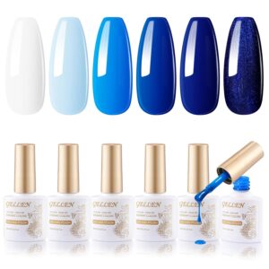 GELLEN Blue Gel Nail Polish, Summer Gel Polish Royal Navy Cobalt Light Baby Blue Glitter White 6 Colors Set, No Wipe Soak Off UV Gel for Girls Women Manicure Home Salon Summer Winter Christmas