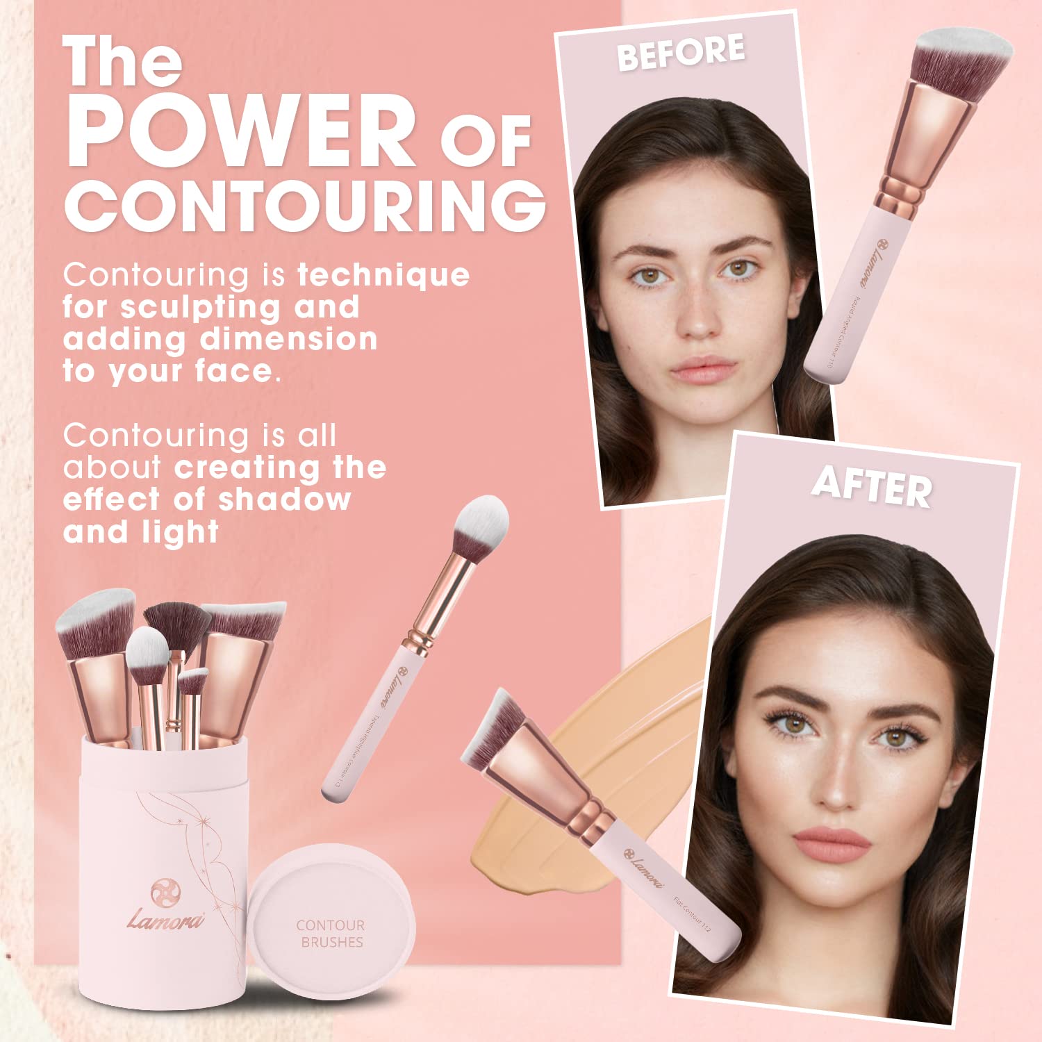 Pro Face Contour Brush Set - Synthetic Contouring Sculpting and Highlighting Kit - Cream Blush Powder Flat Nose Cheek Round Small Angled Fan Tapered Precision Kabuki Foundation Makeup Brushes - Image 2