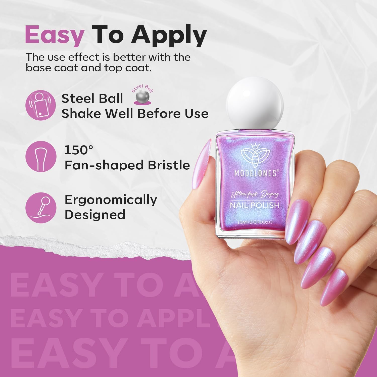 modelones Chrome Purple Nail Polish, 15 ml Quick Dry Nail Polish Mermaid Iridescent Shimmer Pearl Purple Nail Lacquer Long Last Shine Nail Art DIY Home Manicure Gift for Women Girls 0.5 Fl Oz - Image 5