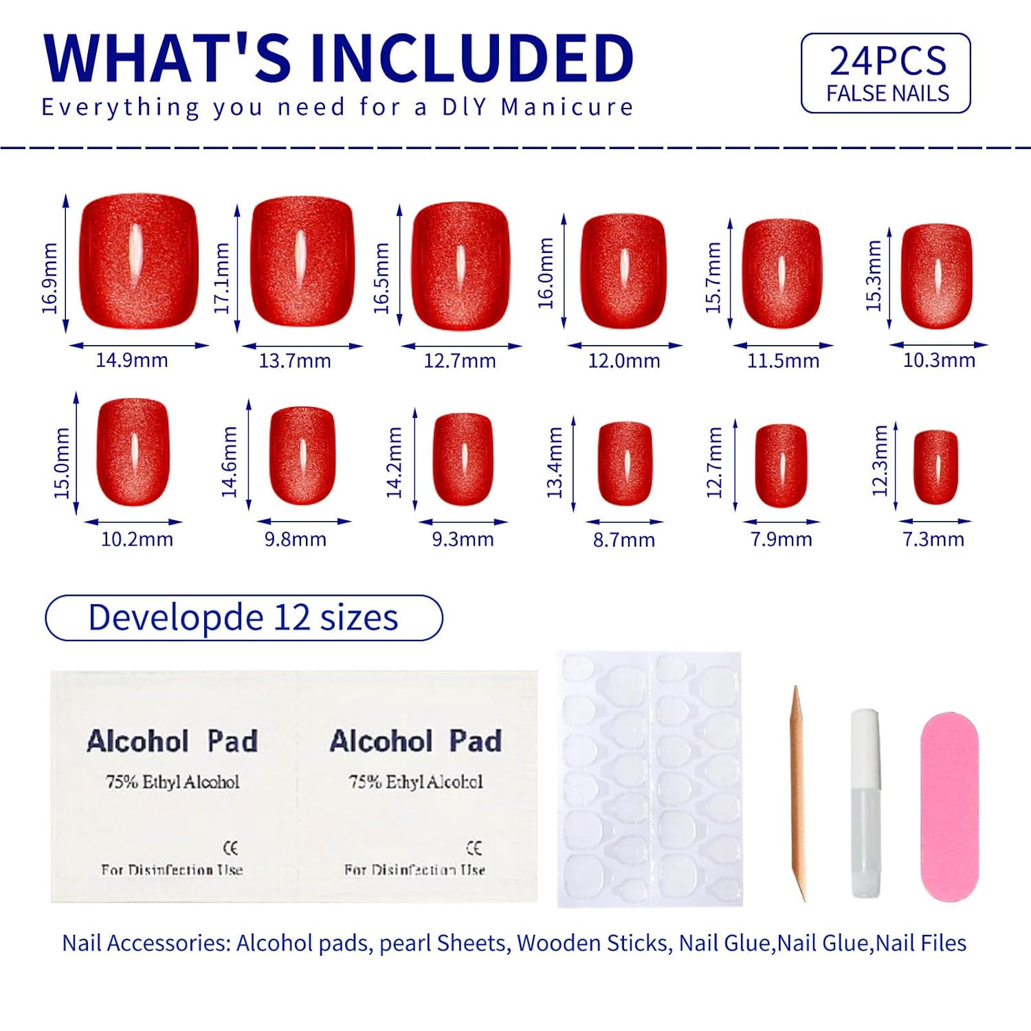 Red Press on Nails Short Square, Cat Eye Press on Nails, Fashion Gel Fake Nails, Reusable Acrylic Fake Nails, Glossy Stick on Nails for Women Girls Gift, Glue on Nails Kit, 24 Pcs, Ruby Flash - Image 5