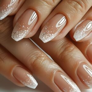 White Glitter French Tip Press On Nails - Medium Square Fake Nails with Glossy Gradient Design, Silver Glitter Sparkly Design, Reusable Stick On Nails, 24 Pcs