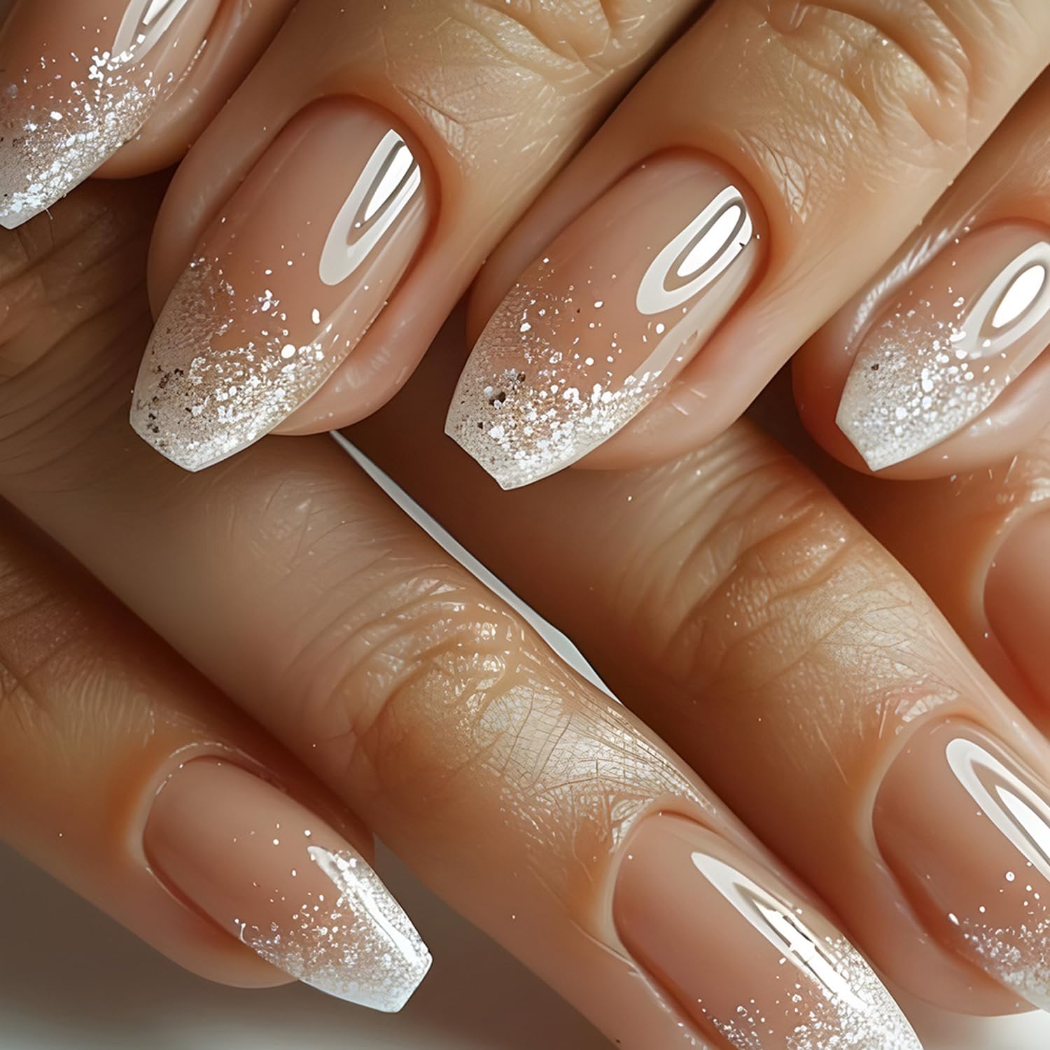 White Glitter French Tip Press On Nails - Medium Square Fake Nails with Glossy Gradient Design, Silver Glitter Sparkly Design, Reusable Stick On Nails, 24 Pcs