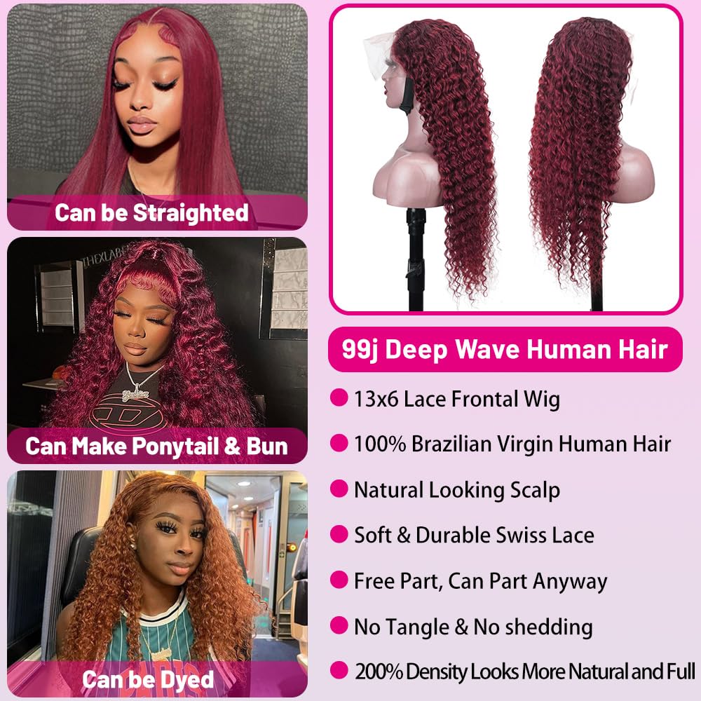 Burgundy 99J Deep Wave Human Hair Lace Front Wig 26 Inch 200 Density - Image 5