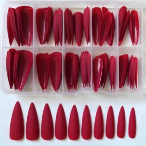 LoveOurHome 100pc Stiletto Press on Nails Long Fake Nails Matte Stiletto Nails Press ons Nail Red Artificial Fingernails Long Pointy False Nails Full Cover Acrylic Nail Tips for Women Girls