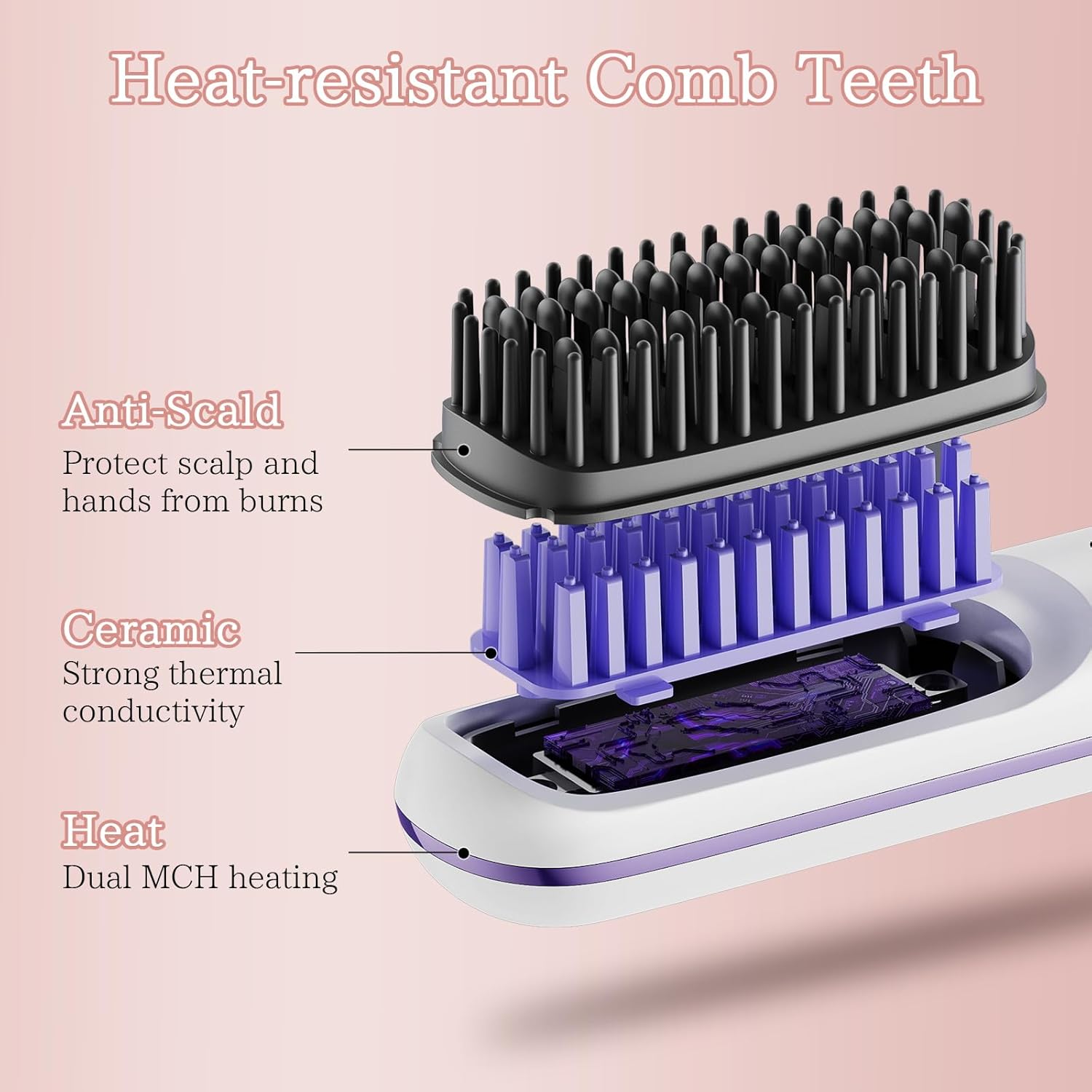 Cordless Hair Straightener Brush, Portable Anion Hair Straightener Brush for Women Lightweight Ceramic Coating Negative Ion Anti-Scald Hair Straightener for Women Travel Styling Hairstyler Salon - Image 6