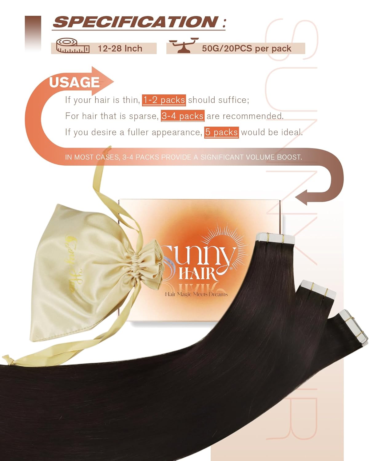 Sunny Hair Tape in Hair Extensions Real Human Hair Invisible Remy Hair Extensions Tape ins for Women Darkest Brown 20 inch 20Pcs 50G - Image 5
