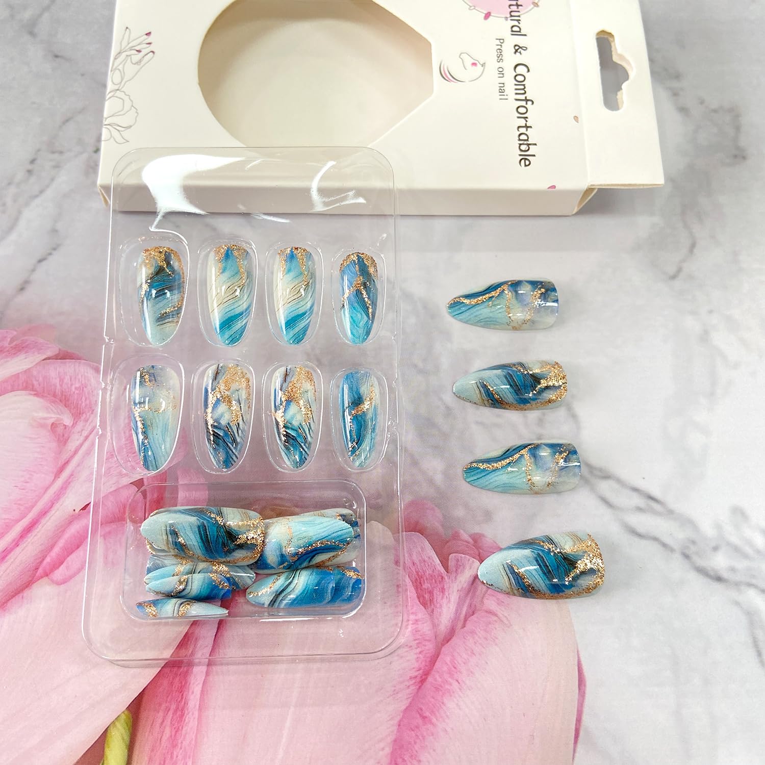 Blue Gradient Marble Press on Nails Gold Glitter Glue on Nails Long Almond False Nails Mirror Artificial Acrylic Nails for Women Girls - Image 5