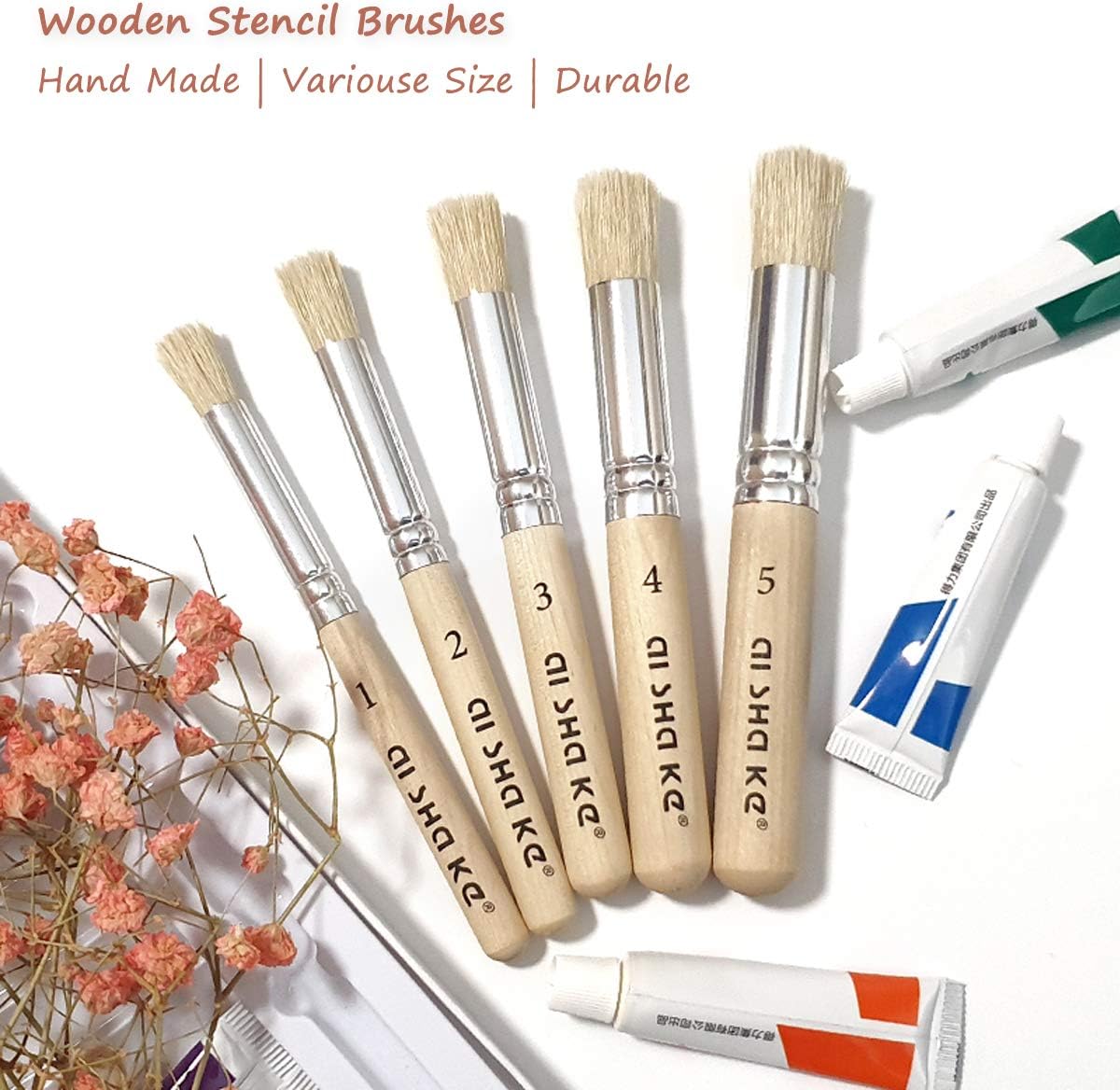 Auhoahsil Stencil Brushes Set, 5 Pcs Natural Bristle Wooden Handle Template Brushes for Wood Wall Model House Painting, Stencil Projects, Card Making, DIY, Crafts and Acrylic Oil Watercolor Painting - Image 3