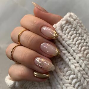 Gold French Tip Press on Nails Medium Fake Nails Almond False Nail Tips Gold Glitter Artificial Nails Design Full Cover Glue on Nails Art Accessories for Women Nail Decoration 24pcs