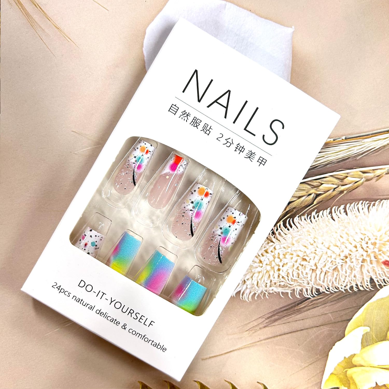 TBRZTR Press on Nails Medium Length Square False Nails Colorful Gradient Acrylic Nails Full Cover Artificial Coffin Nails Press Nails with Design Acrylic Smudge Nails 24Pcs Glue on Nails for Women - Image 4