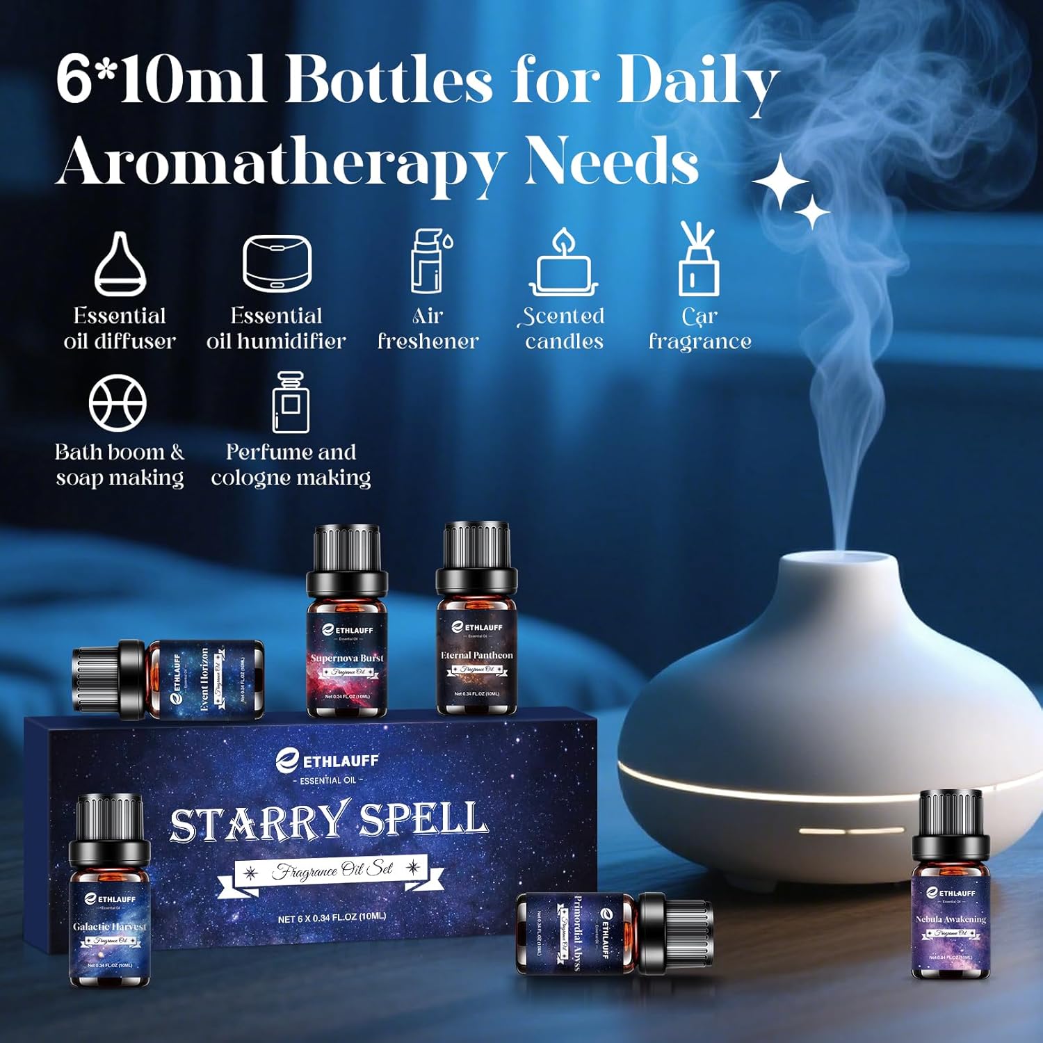 Essential Oil Blends, Starry Spell Essential Oil Set for Diffusers for Home, Humidifiers, Candle Making, Magical Aromatherapy Blends - Stress Relief, Calm Mind, Relax, Meditate, 6x10ml - Image 2