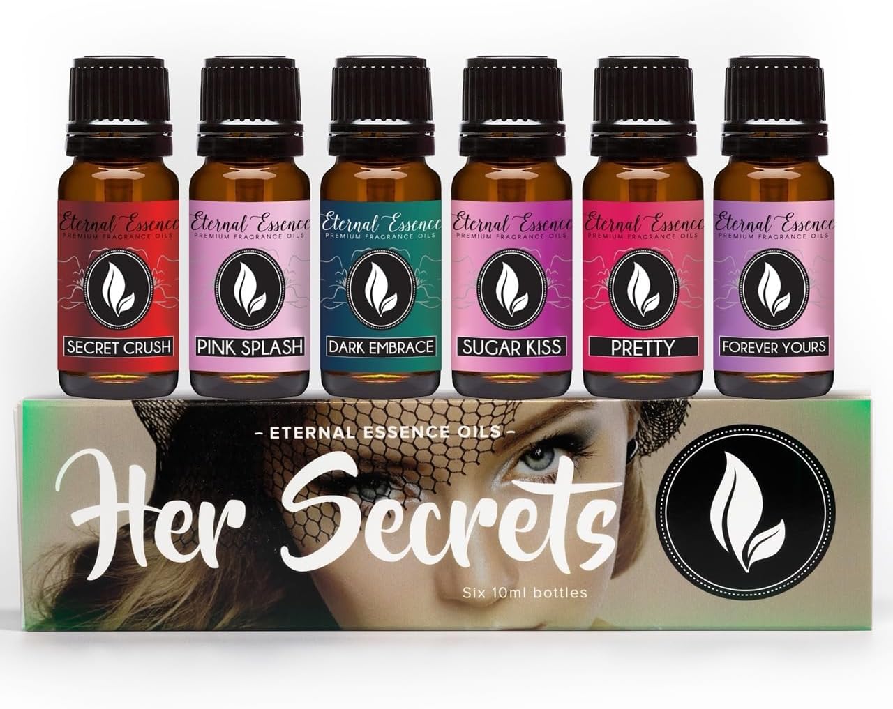 Eternal Essence Oils Her Secrets Set of 6 Premium Fragrance Oils - Includes Pretty, Dark Embrace, Forever Yours, Secret Crush, Pink Splash, and Sugar Kiss Scents Scented Oils - 10ML