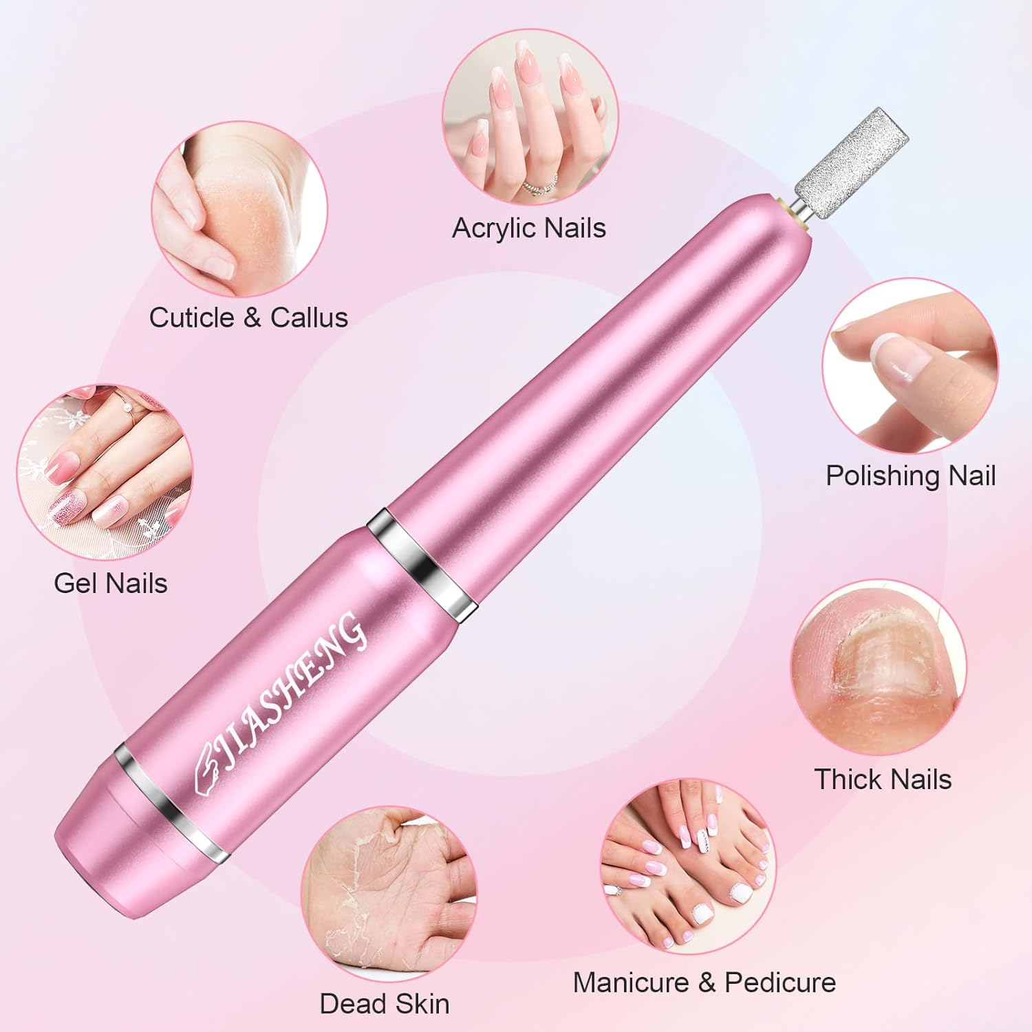 JIASHENG USB Electric Nail Drill, Portable Electric Nail File for Acrylic Gel Nails, Professional Drill Nail Kit Manicure and Pedicure Kit with Drill Bits for Home and Salon Use, Pink - Image 6