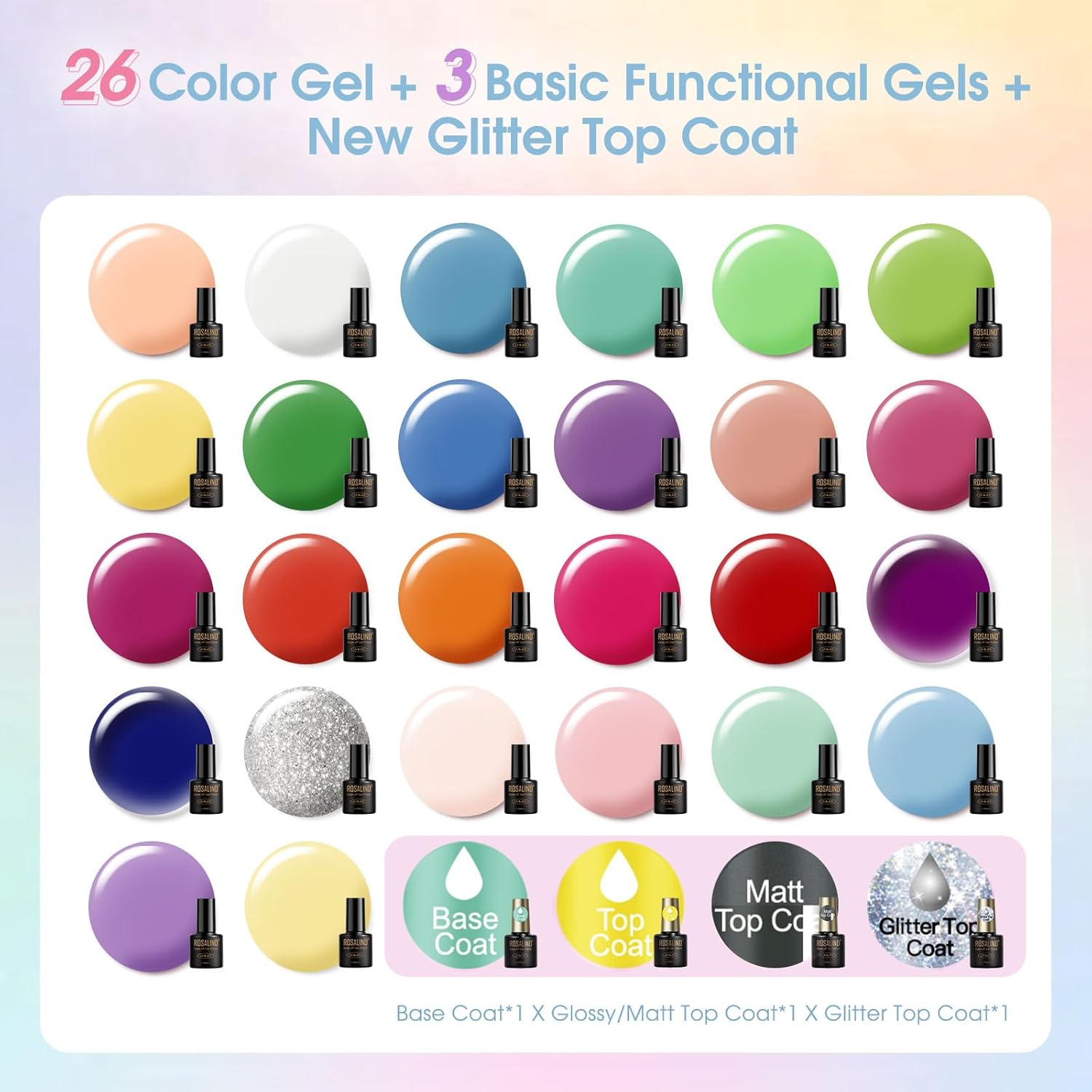 ROSALIND 30pcs Gel Nail Polish Set with Base Gel Top Coat (Glossy Matte and Glitter), 26 Neon Bright Colors Gel Polish Pastel Summer Nail Gel Polish Soak Off U V Manicure Rainbow for Women - Image 2