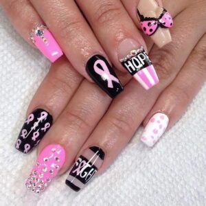 Press On Pink Ribbon Acrylic Nails - Breast Cancer Awareness Design with Rhinestones - Short Square False Nails for Women and Girls