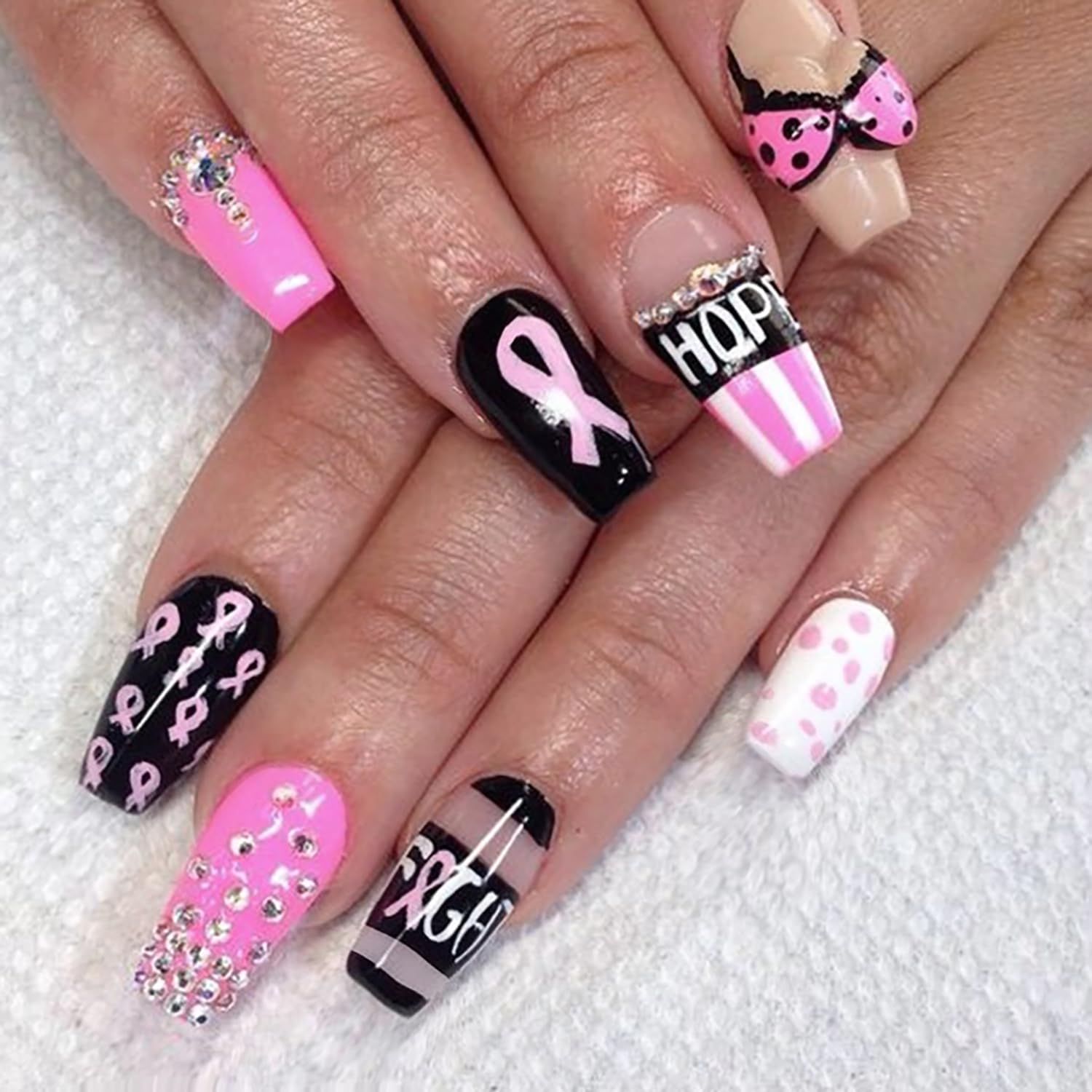 Press On Pink Ribbon Acrylic Nails - Breast Cancer Awareness Design with Rhinestones - Short Square False Nails for Women and Girls