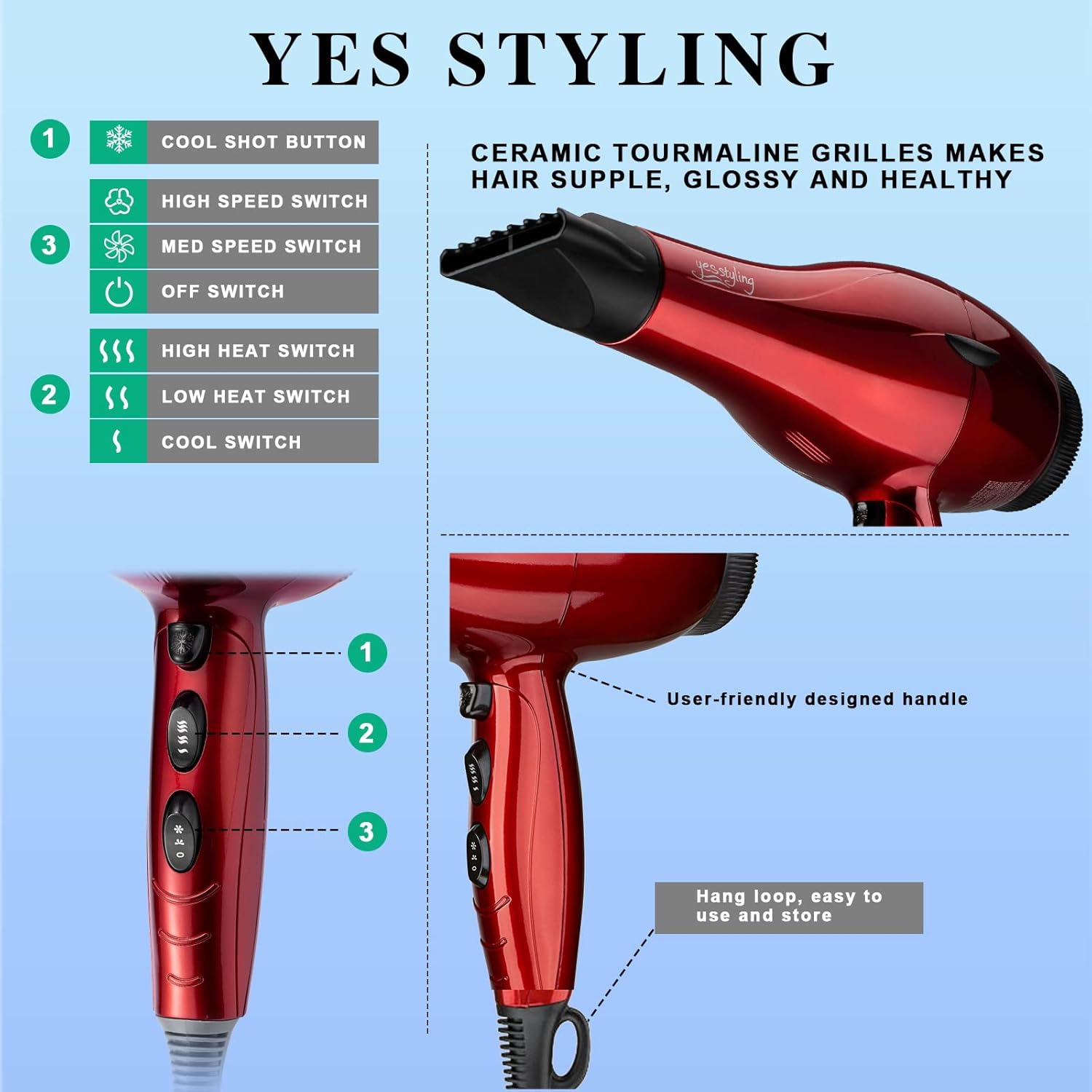 Professional Salon Hair Dryer, 1875W Blow Dryer, 2 Concentrator Nozzles, 3 Heat Settings, 2 Speed Slide Switch, Cool Shot Button, Fast Drying for Family, Low Noise (Cola Red) - Image 3