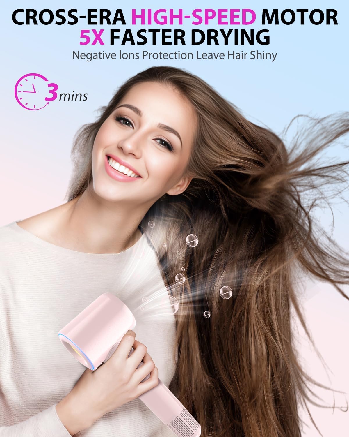 Hair Dryer Blow Dryer,180000 RPM High-Speed Brushless Motor 500 Millions Negative Ionic hairdryer for Fast Drying, Quiet Thermo-Control Hair dryers for Women Home Travel Salon (Pink) - Image 2