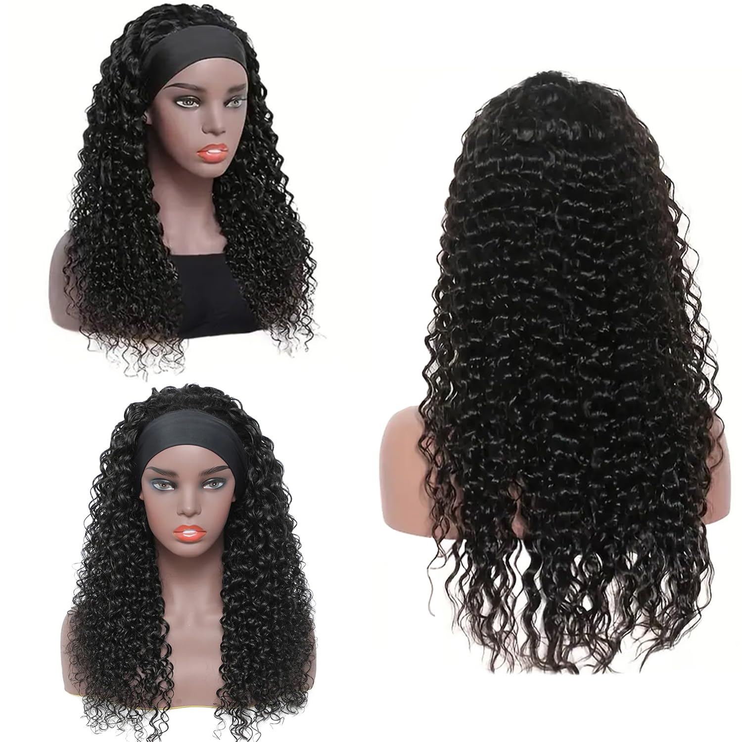 Headband Wig Human Hair Deep Wave 20 Inch Human Hair Headband Wig Glueless Curly Wigs None Lace Front Wigs for Black Women Natural Color - Image 3