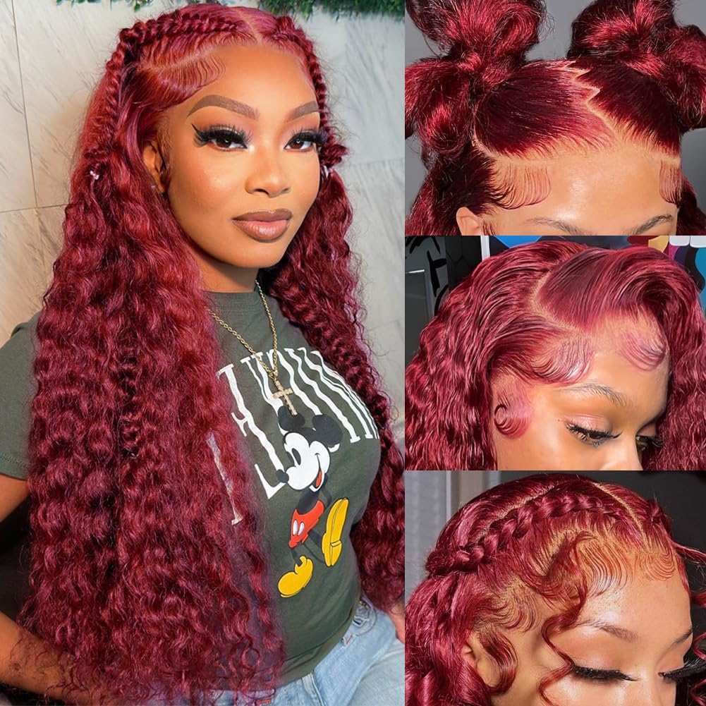 Hedy 28 Inch 99J Burgundy Deep Wave Lace Front Wigs Human Hair Pre Plucked with Baby Hair Glueless 13x6 HD Transparent Brazilian Human Hair Full Lace Frontal Wigs for Women Wine Red Color 180% Density
