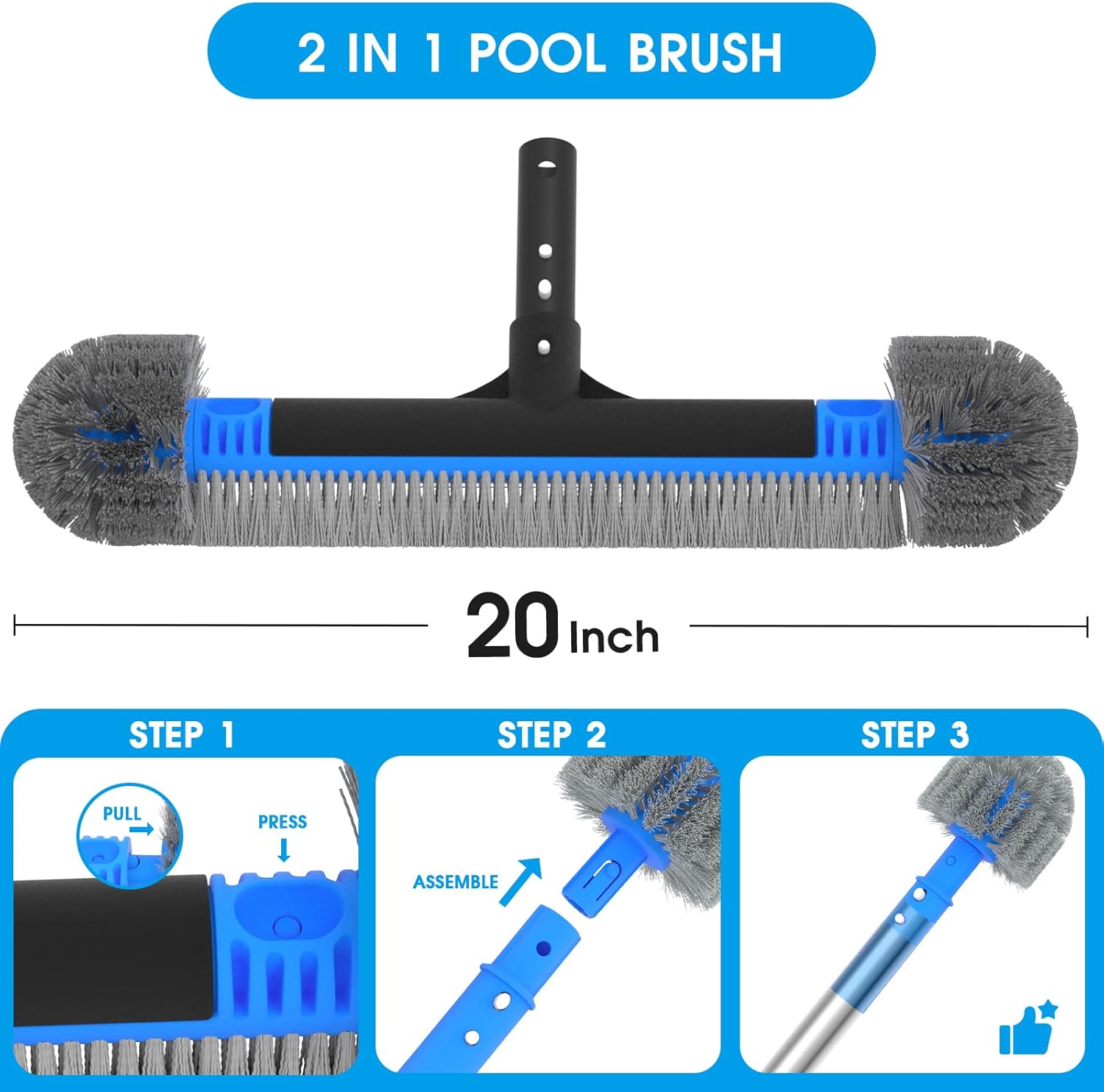 20'' 2 in 1 Pool Brush Head Cobweb Duster Heavy Duty Pool Cleaning Detachable Round Brush with EZ Clip & Wavy Nylon Bristles for Inground Pool & Above-Ground Pool (Without Pole) - Image 6