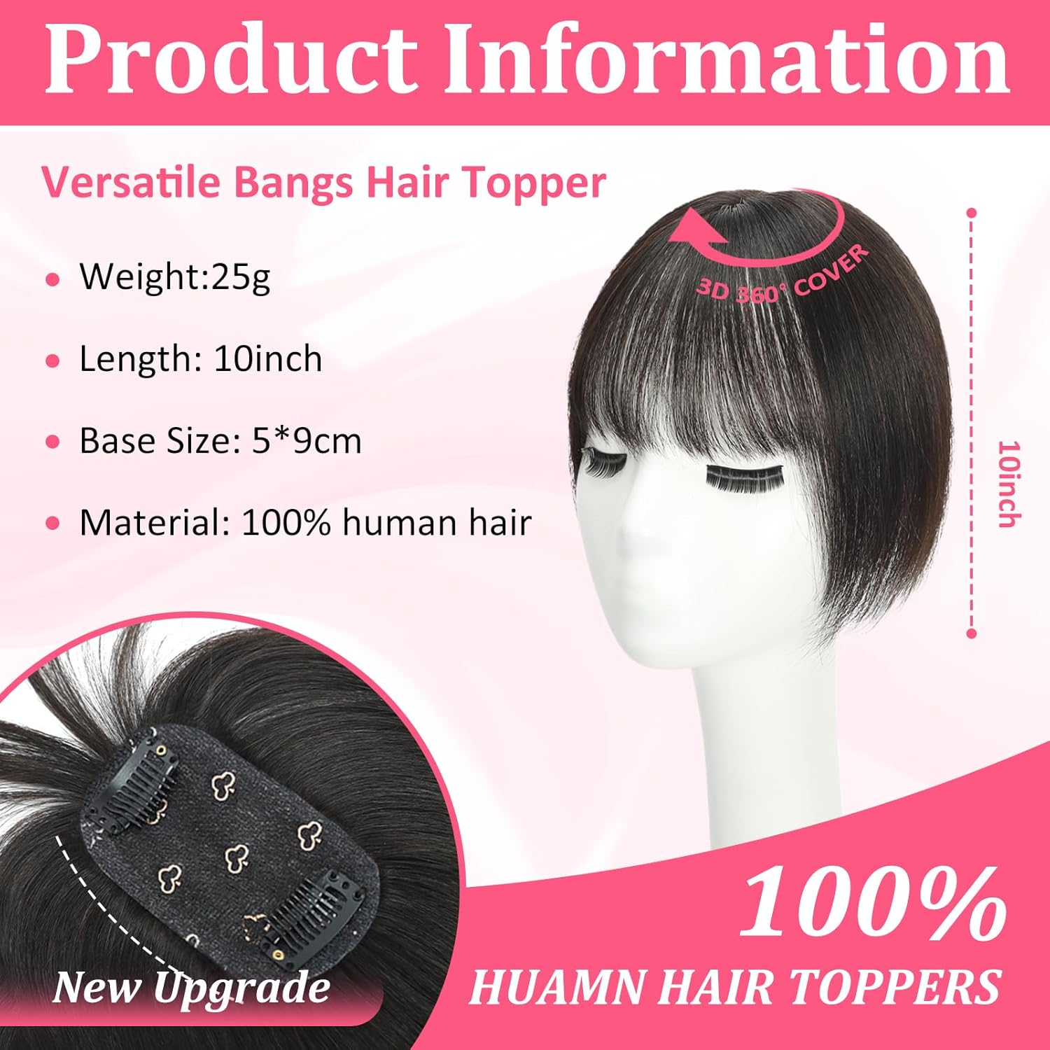 Hair Toppers for Women Real Human Hair, Upgrade Base Seamless 360ยฐ Cover 3D Wispy Clip in Bangs Toppers Hairpieces for Women with Thinning hair Dark Brown Short Topper - Image 2