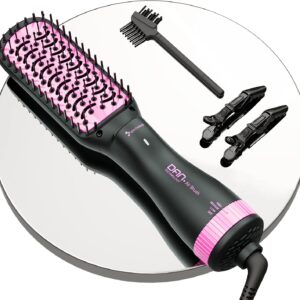 Negative Ion 3-in-1 Hair Styling Brush: 2-inch Blow Dryer, Straightener, and Paddle Brush with Anti-Scald & ALCI Safety Plug