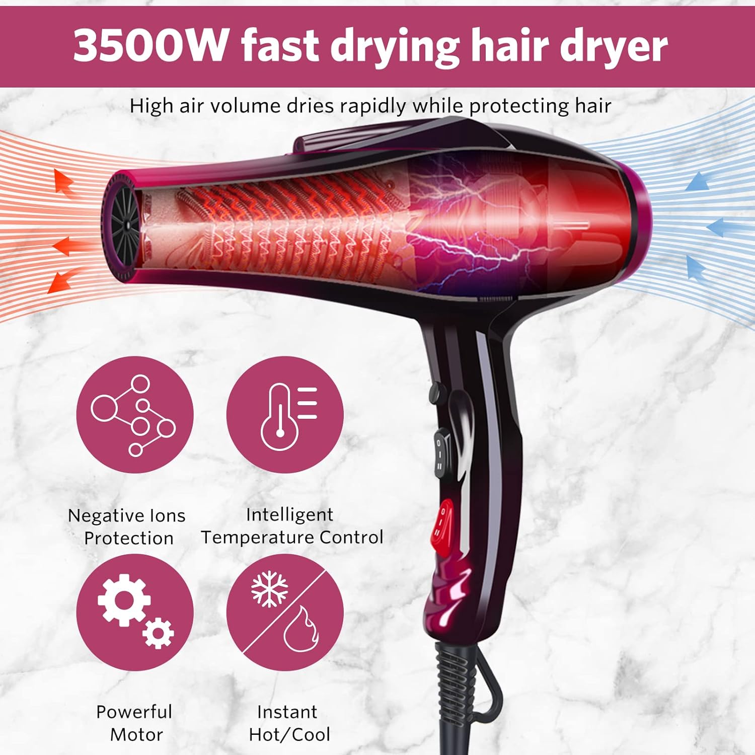 Professional Hair Dryer Ionic Blow Dryer 3500 Watt Powerful Salon Hair Dryers Ceramic Tourmaline Quick Dry Blow Dryer with AC Motor Concentrator Diffuser Attachments - Image 5